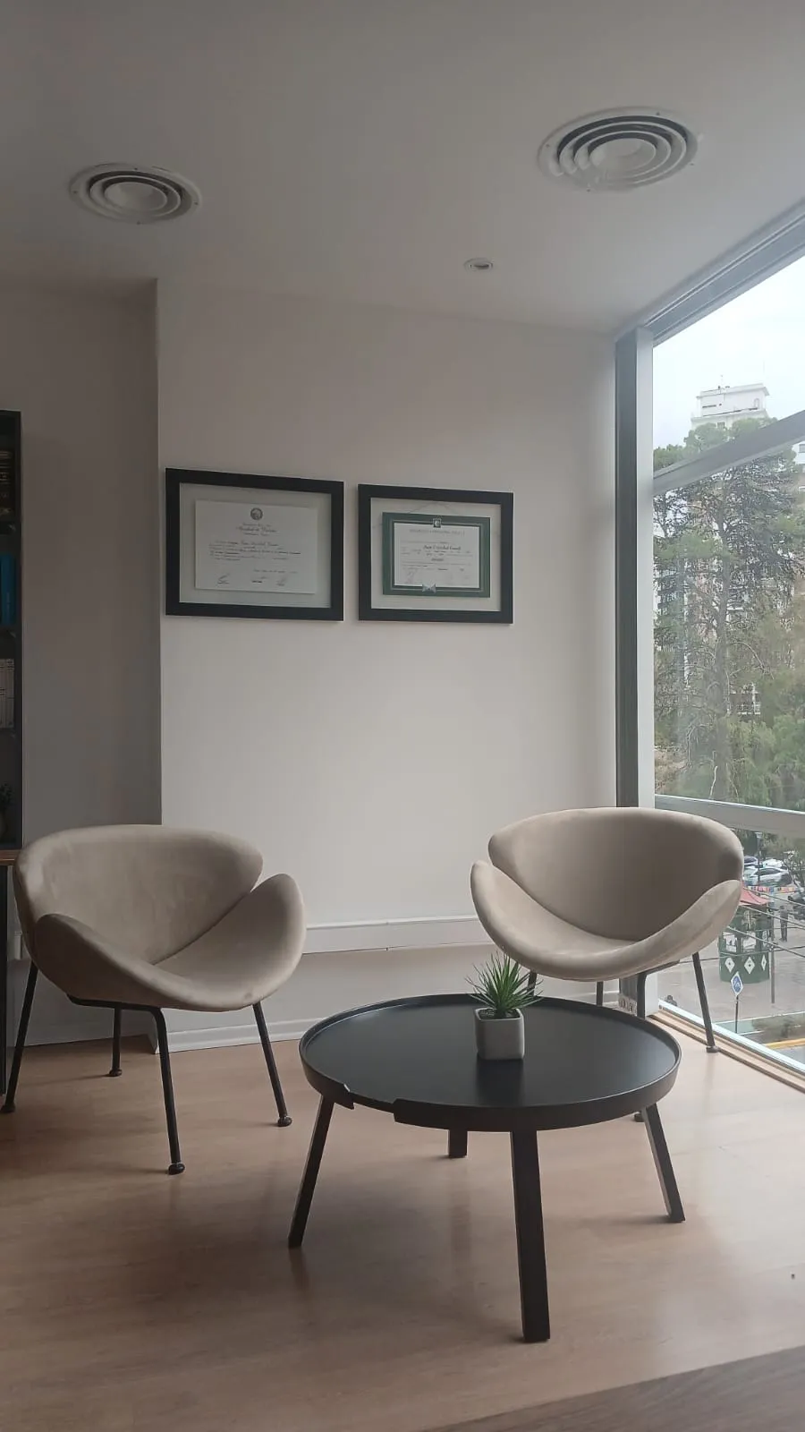 Sala de espera de diseño moderno con dos sillas curvadas de terciopelo beige, mesa ratona negra y diplomas en la pared del Estudio Jurídico Inaudi.